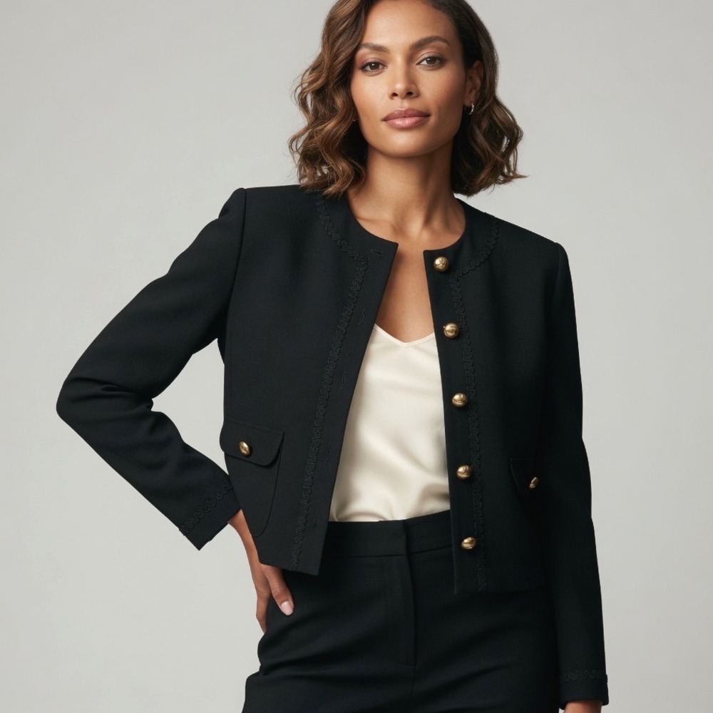 Vintage Gianni Petites 100% Wool Black Cropped Gold Button Lady Jacket Size 12